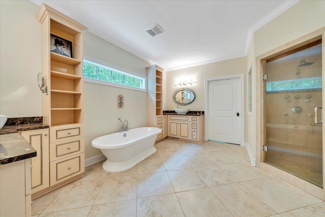 bathroom with crown molding, vanity, visible vents, a soaking tub, and a stall shower