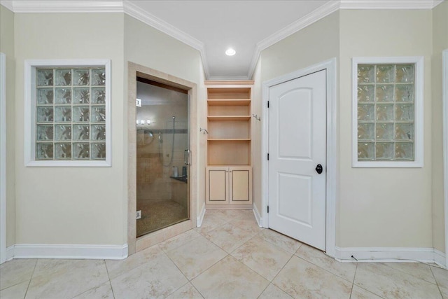 bathroom featuring crown molding, recessed lighting, baseboards, and a stall shower