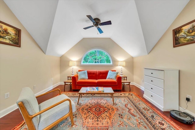 living room with baseboards, a ceiling fan, and wood finished floors