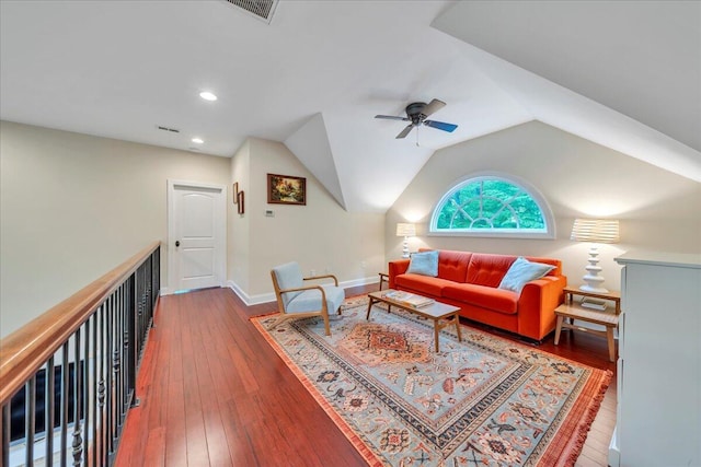 living area with a ceiling fan, recessed lighting, hardwood / wood-style floors, and visible vents