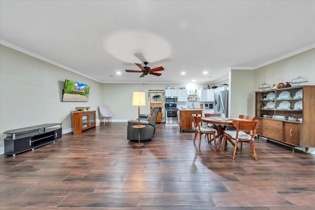 dining space with crown molding, baseboards, recessed lighting, dark wood-type flooring, and a ceiling fan