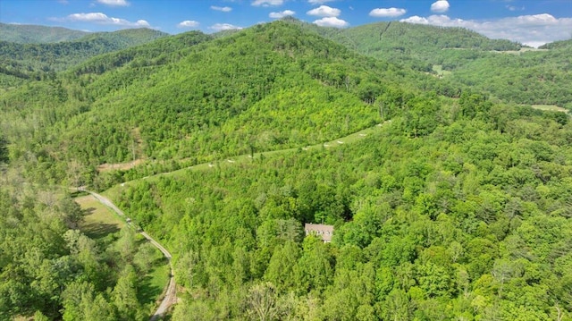 aerial view featuring a mountain view and a wooded view