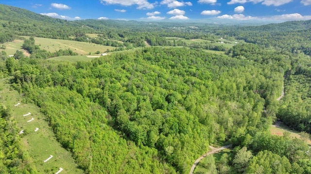 drone / aerial view with a wooded view and a mountain view