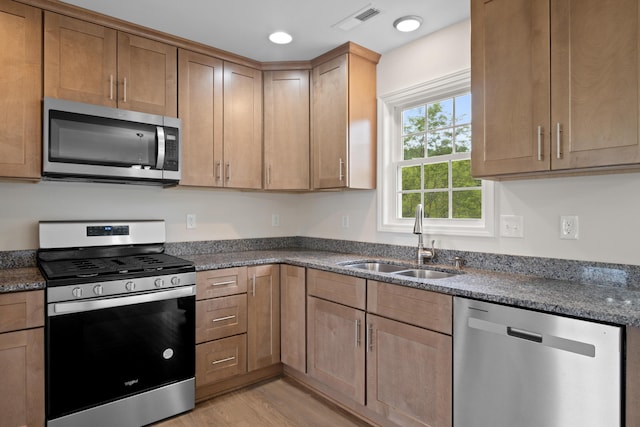 5595 New Pleasant Way, Salem, VA 24153 - kitchen with a sink, stainless steel appliances, dark stone countertops, light wood-type flooring, and visible vents