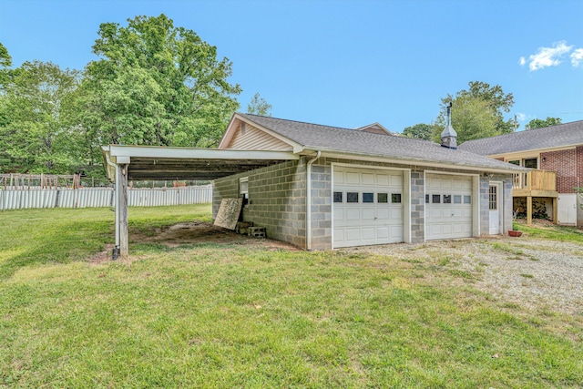 view of home's exterior with a yard, fence, and concrete block siding