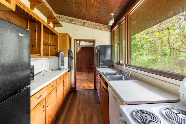 kitchen featuring wood ceiling, a sink, open shelves, dark wood finished floors, and white appliances