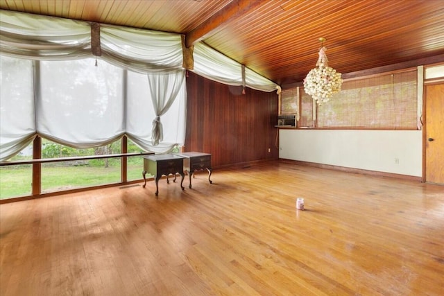 interior space with an inviting chandelier, beam ceiling, wood ceiling, and wood finished floors