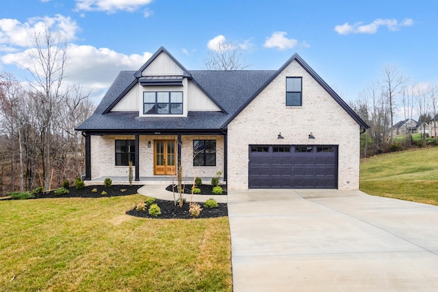 1065 Cedar Fox Ct, Forest, VA 24551 - modern farmhouse style home with a porch, brick siding, driveway, a garage, and a front yard
