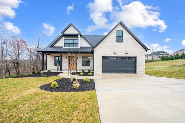 1065 Cedar Fox Ct, Forest, VA 24551 - modern farmhouse with brick siding, a garage, concrete driveway, a porch, and a front lawn