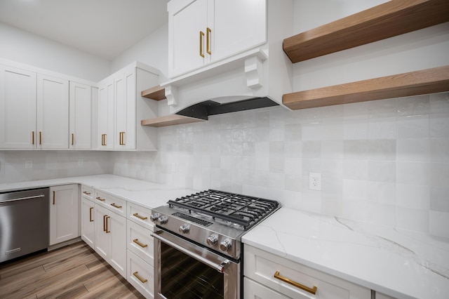 1065 Cedar Fox Ct, Forest, VA 24551 - kitchen featuring light stone counters, open shelves, white cabinets, and appliances with stainless steel finishes
