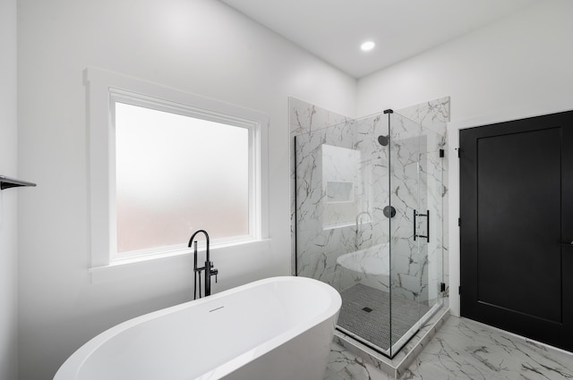 1065 Cedar Fox Ct, Forest, VA 24551 - full bathroom with recessed lighting, a marble finish shower, marble finish floor, and a freestanding tub