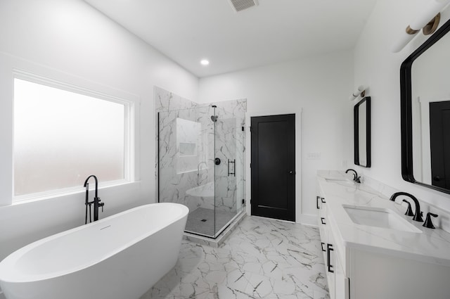 1065 Cedar Fox Ct, Forest, VA 24551 - full bathroom with marble finish floor, visible vents, a sink, a soaking tub, and a marble finish shower