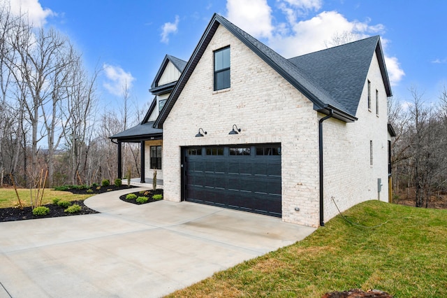 1065 Cedar Fox Ct, Forest, VA 24551 - view of side of home with a lawn, driveway, brick siding, an attached garage, and a shingled roof