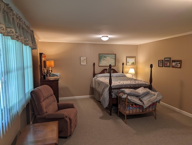 bedroom featuring baseboards, crown molding, and carpet floors