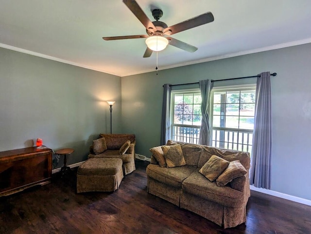 180 Daniels Run Rd NE, Copper Hill, VA 24079 - living area featuring baseboards, crown molding, ceiling fan, and wood finished floors