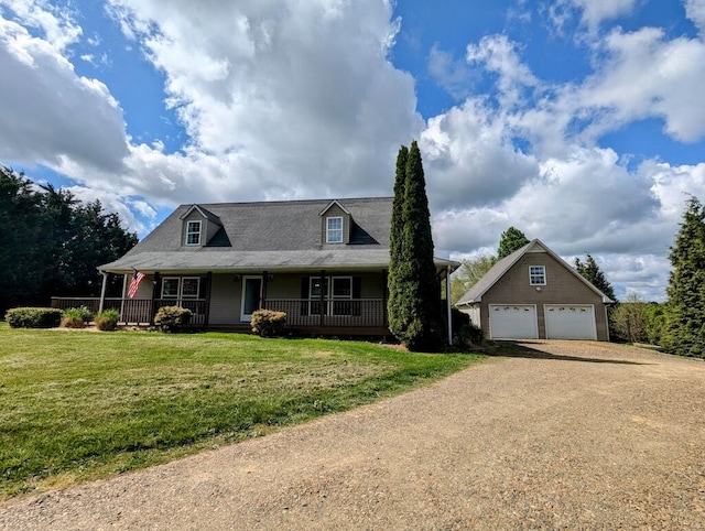 180 Daniels Run Rd NE, Copper Hill, VA 24079 - cape cod-style house featuring covered porch, an outdoor structure, a front lawn, and a detached garage