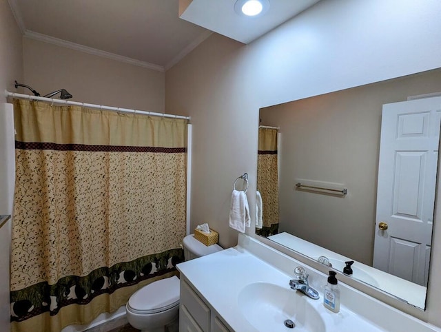 180 Daniels Run Rd NE, Copper Hill, VA 24079 - full bathroom with vanity, ornamental molding, a shower with curtain, and toilet