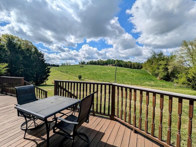 180 Daniels Run Rd NE, Copper Hill, VA 24079 - wooden deck featuring outdoor dining area, a rural view, and a lawn