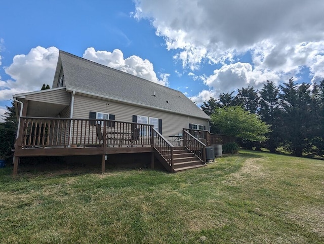 180 Daniels Run Rd NE, Copper Hill, VA 24079 - rear view of house featuring a yard, a deck, a shingled roof, and central AC unit