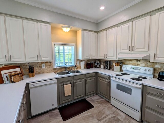 180 Daniels Run Rd NE, Copper Hill, VA 24079 - kitchen featuring under cabinet range hood, white appliances, a sink, tasteful backsplash, and gray cabinets