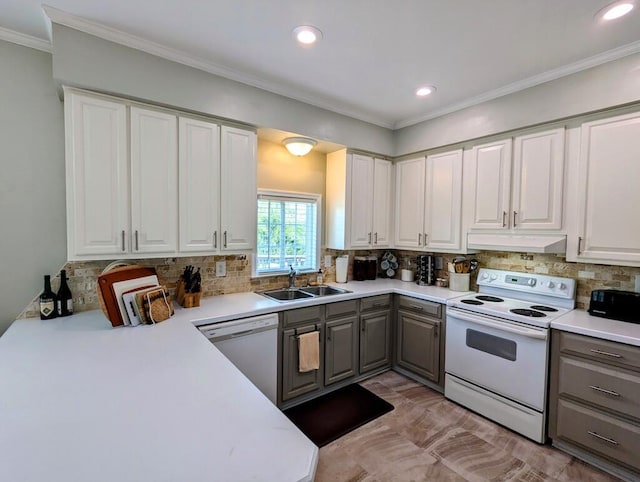180 Daniels Run Rd NE, Copper Hill, VA 24079 - kitchen featuring under cabinet range hood, gray cabinetry, a sink, and white appliances
