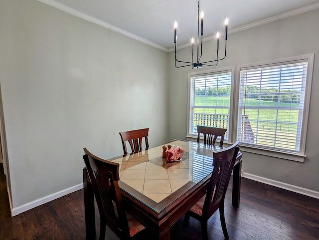180 Daniels Run Rd NE, Copper Hill, VA 24079 - dining area featuring an inviting chandelier, crown molding, baseboards, and dark wood finished floors