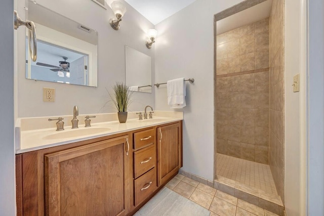 1100 Celebration Ave Unit 405, Moneta, VA 24121 - full bath with double vanity, tile patterned flooring, tiled shower, and ceiling fan