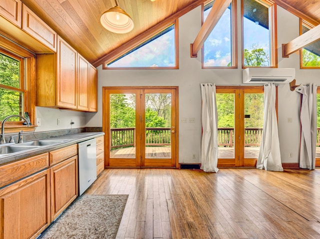 195 Lost Spring Ln, Lexington, VA 24450 - kitchen with dishwashing machine, wood ceiling, french doors, a wall unit AC, and a sink