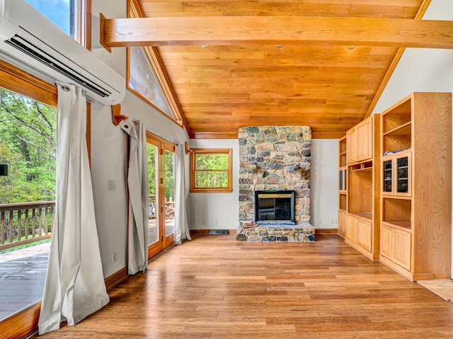 195 Lost Spring Ln, Lexington, VA 24450 - unfurnished living room featuring lofted ceiling, baseboards, a stone fireplace, wood ceiling, and light wood-type flooring