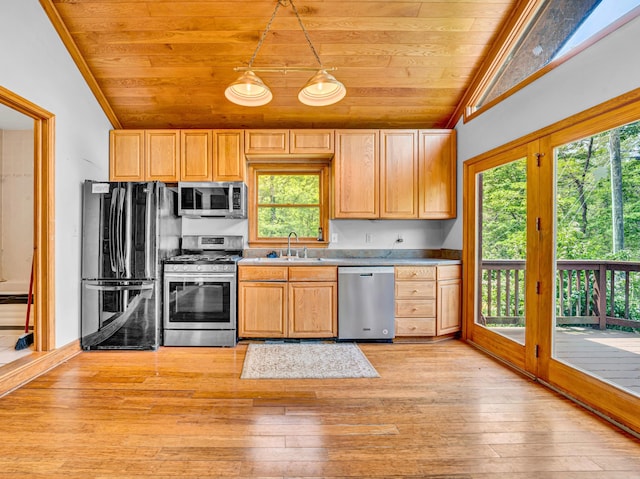 195 Lost Spring Ln, Lexington, VA 24450 - kitchen featuring wood ceiling, stainless steel appliances, lofted ceiling, and a sink