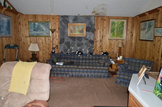 living room featuring wood walls and carpet floors