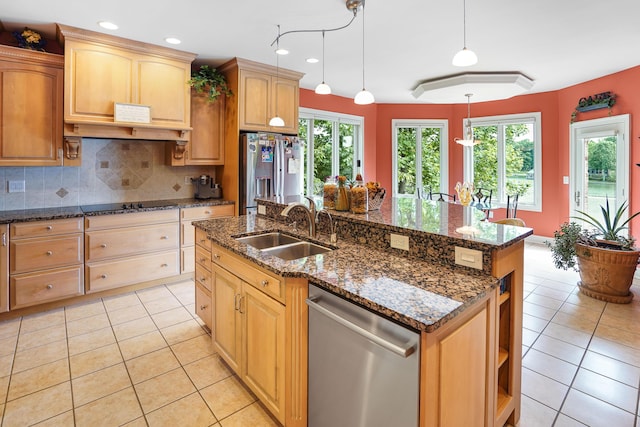 2580 Lakewood Forest Rd, Moneta, VA 24121 - kitchen with stainless steel appliances, a sink, light tile patterned floors, backsplash, and recessed lighting