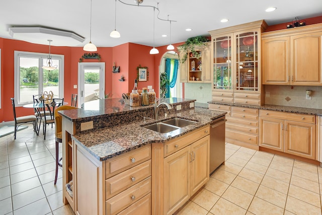 2580 Lakewood Forest Rd, Moneta, VA 24121 - kitchen featuring dishwasher, a sink, light brown cabinets, a center island with sink, and light tile patterned floors