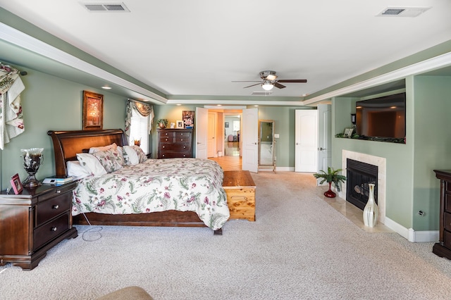 2580 Lakewood Forest Rd, Moneta, VA 24121 - bedroom featuring carpet, a tile fireplace, baseboards, and ceiling fan