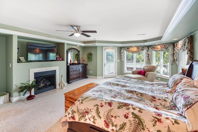 2580 Lakewood Forest Rd, Moneta, VA 24121 - carpeted bedroom featuring access to outside, a tiled fireplace, baseboards, and ceiling fan