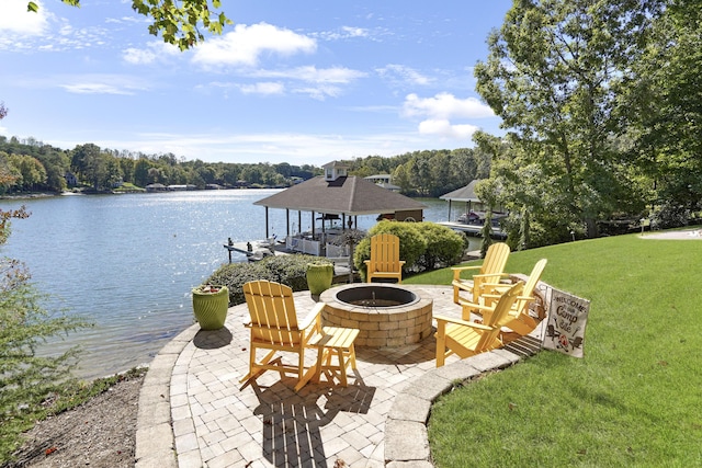 2580 Lakewood Forest Rd, Moneta, VA 24121 - view of patio / terrace featuring an outdoor fire pit, a dock, boat lift, and a water view