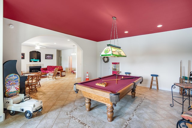 2580 Lakewood Forest Rd, Moneta, VA 24121 - recreation room featuring arched walkways, recessed lighting, tile patterned floors, a fireplace, and billiards