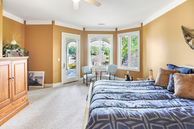 2580 Lakewood Forest Rd, Moneta, VA 24121 - bedroom featuring access to outside, light carpet, baseboards, and a ceiling fan