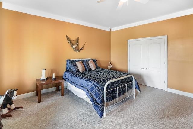 2580 Lakewood Forest Rd, Moneta, VA 24121 - carpeted bedroom with crown molding, baseboards, ceiling fan, and a closet