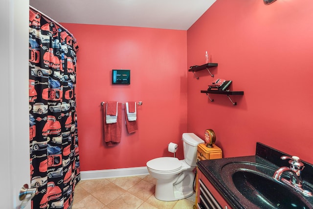 2580 Lakewood Forest Rd, Moneta, VA 24121 - full bathroom with toilet, vanity, baseboards, a shower with curtain, and tile patterned floors