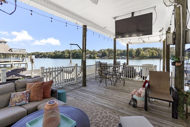 2580 Lakewood Forest Rd, Moneta, VA 24121 - dock featuring boat lift, an outdoor living space, and outdoor dining space