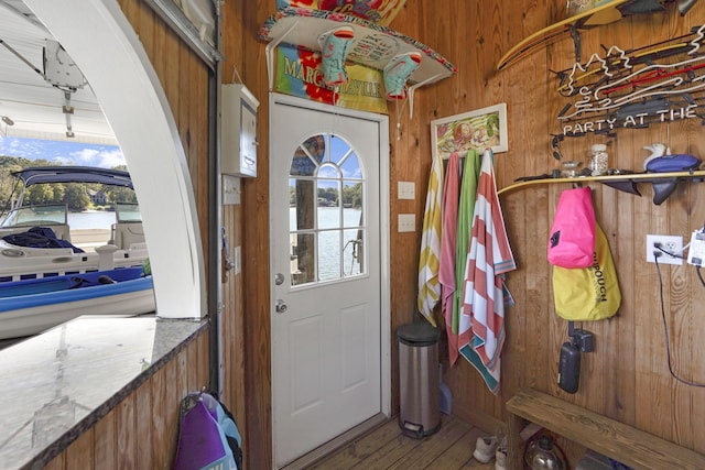 2580 Lakewood Forest Rd, Moneta, VA 24121 - entrance foyer featuring wooden walls, a water view, wood finished floors, and healthy amount of natural light