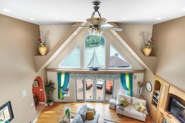 2580 Lakewood Forest Rd, Moneta, VA 24121 - living room featuring high vaulted ceiling, a ceiling fan, wood finished floors, and recessed lighting