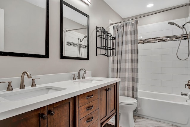 3443 Overhill Trl, Roanoke, VA 24018 - bathroom with marble finish flooring, shower / tub combo, toilet, double vanity, and recessed lighting