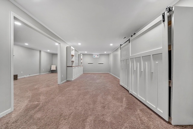 3443 Overhill Trl, Roanoke, VA 24018 - finished basement featuring a barn door, light colored carpet, recessed lighting, and baseboards