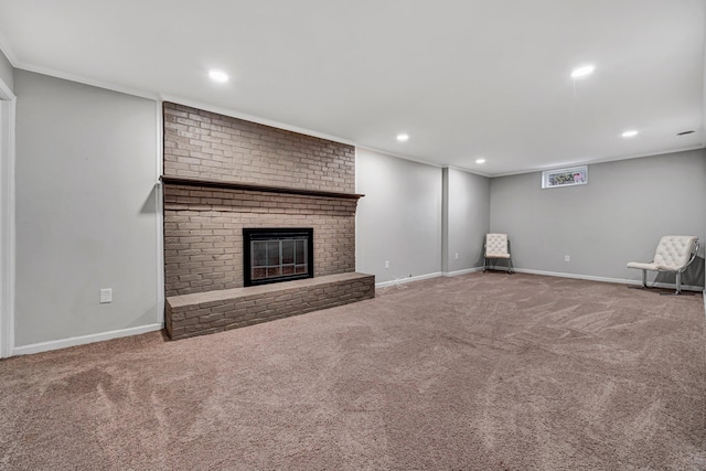 3443 Overhill Trl, Roanoke, VA 24018 - unfurnished living room with carpet flooring, a fireplace, recessed lighting, baseboards, and crown molding