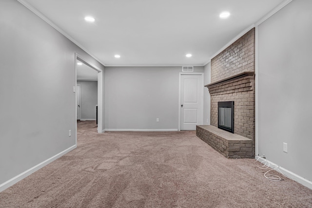 3443 Overhill Trl, Roanoke, VA 24018 - unfurnished living room featuring ornamental molding, carpet, recessed lighting, baseboards, and a fireplace