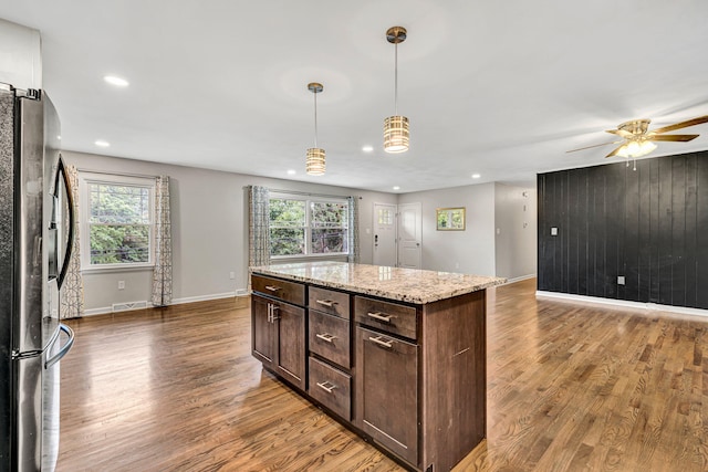 3443 Overhill Trl, Roanoke, VA 24018 - kitchen with freestanding refrigerator, wood finished floors, recessed lighting, a ceiling fan, and baseboards