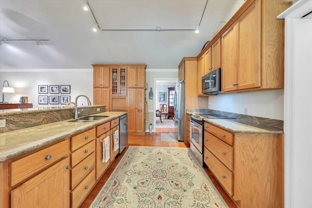 kitchen featuring stainless steel appliances, a sink, track lighting, ornamental molding, and light wood-type flooring