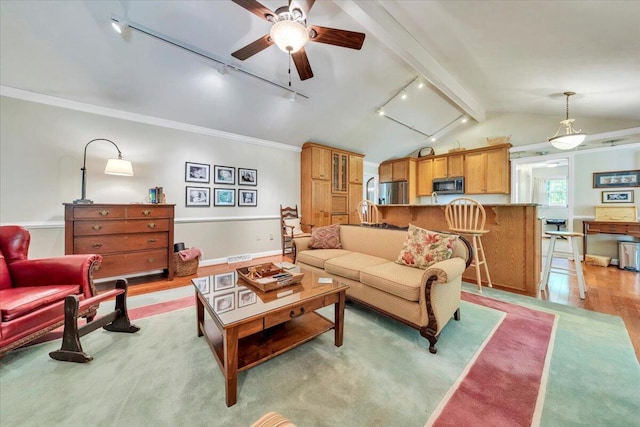 living area with track lighting, ceiling fan, lofted ceiling, ornamental molding, and light wood-style flooring